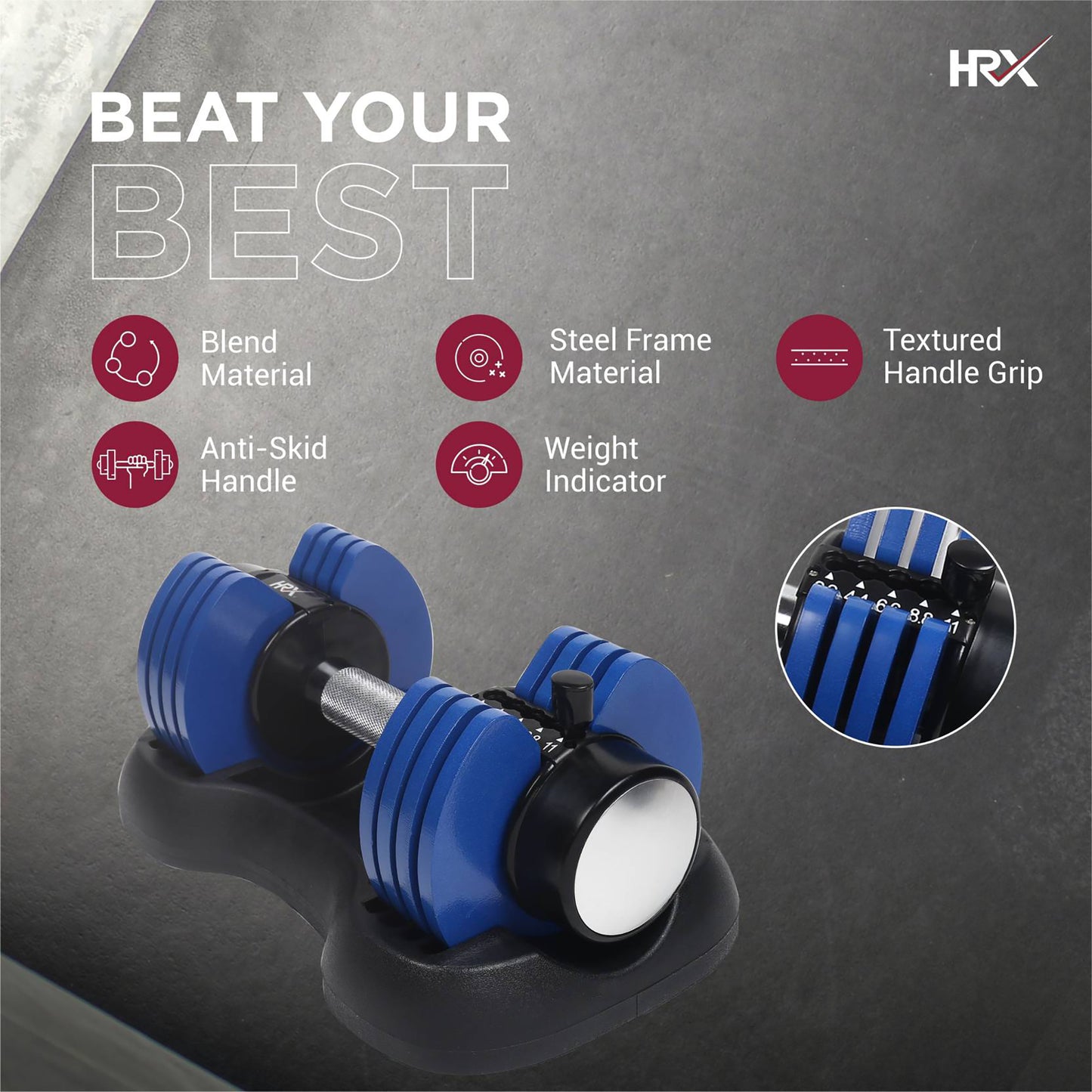 Reach HRX Ignite Adjustable Dumbbells - Ergonomic Grip
