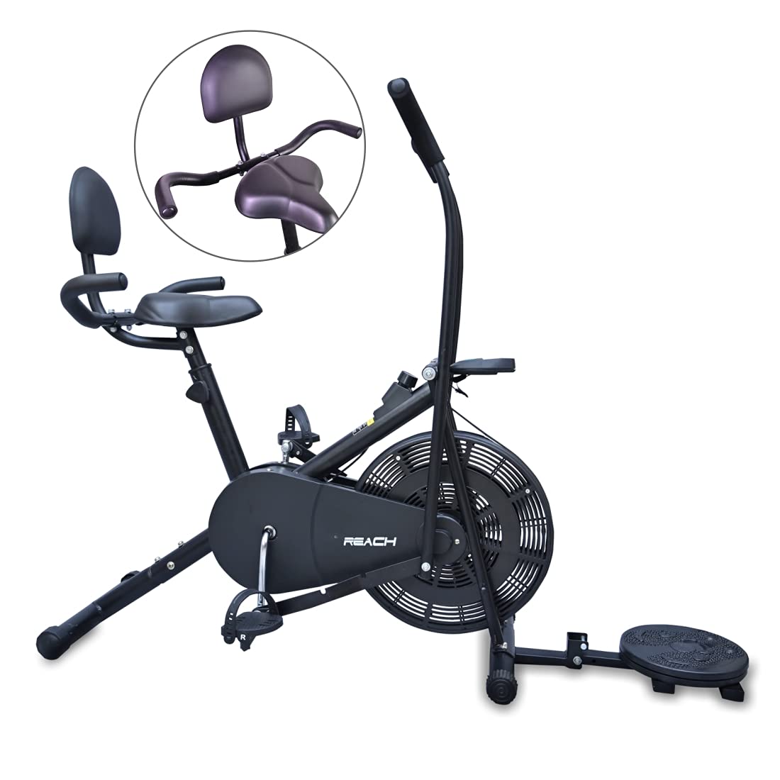 Reach AB-110 BHT Air Bike Exercise Cycle with Moving or Stationary Handle | with Back Support Seat + Side Handle + Twister | Adjustable Resistance with Cushioned Seat | Fitness Cycle for Home Gym