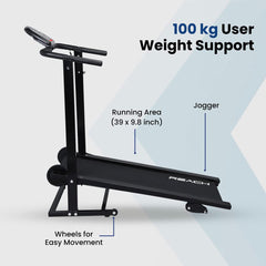 REACH T-90 Pt Manual Treadmill For Home Workout With Push-Up Bar & Twister|Foldable Treadmill With Wheels|Walking & Running Machine|Manual Incline|12 Months Warranty|Max User Weight 100Kg, Black