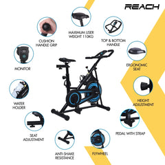 Reach Vision MII Spin Bike with 6.5 Kg Flywheel | Adjustable Resistance & LCD Monitor | Fitness Cycle for Home Gym Workout | Ideal for Tummy & Lower Body | Max User Weight 110kg