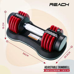 Reach Carbon Adjustable Dumbbells (2.2 kg to 11 kg) Pefect Home Gym Equipment for Fitness and Full Body Workout Easy Weight Adjustment with Pin Lock Technology Space Saver Dumbbell Suitable for Men and Women