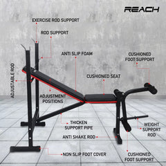 Reach Multipurpose Gym Bench for Home | Adjustable Positions | Full Body Workout Weight Training Bench | Soft Foam Padding | Incline/Decline Bench Press for Strength Training | Max User Weight 100kg