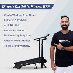 REACH T-90 Pt Manual Treadmill For Home Workout With Push-Up Bar & Twister|Foldable Treadmill With Wheels|Walking & Running Machine|Manual Incline|12 Months Warranty|Max User Weight 100Kg, Black