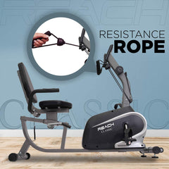 Reach Classic Recumbent Bike Exercise Cycle For Cardio & Fitness Workout | 2-in-1 Indoor Exercise Bike With Back Support & Resistance Rope For Home Gym | 12 Months Warranty | Max User Weight 100kg