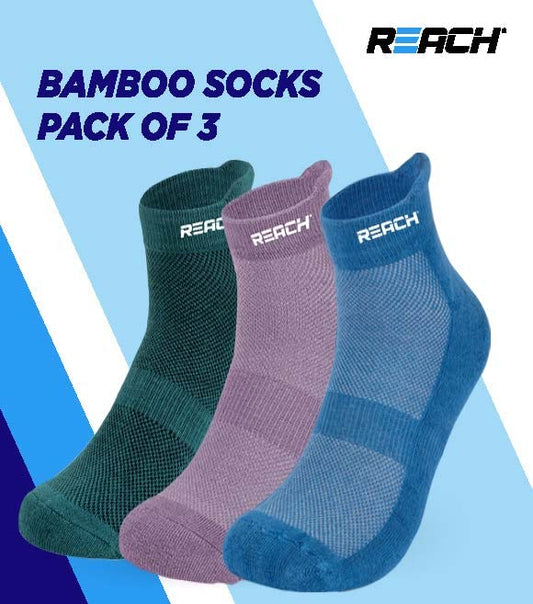 REACH Bamboo Fibre Ankle Length Socks For Mens & Womens | Breathable Mesh & Odour Free Socks | Sports & Gym Socks | Soft & Comfortable | Pack Of 3 - Sky Blue, Lavender & Charcoal Green