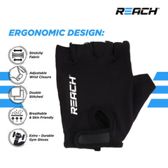 REACH Gym Gloves for Fitness Exercise Training and Workout with Wrist Wrap for Protection with Half-Finger Length for Men & Women (L, Black)