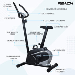 Reach B-201 Smart Exercise Cycle with 4kg Flywheel | Indoor Upright Stationary Bike | 8 Levels of Adjustable Magnetic Resistance with Cushioned Seat | LCD Screen | Max User Weight 110kg