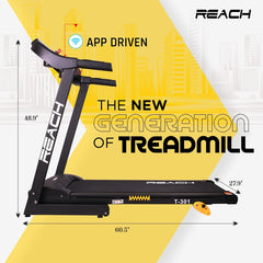 Reach T-301 Folding Treadmill Peak 4 HP | Foldable Home Fitness Equipment with LCD Display for Walking & Running | Cardio Exercise Gym Machine | 4 Incline Levels | 12 Preset or Adjustable Programs | Bluetooth Connectivity | 100 Kgs Max User Weight