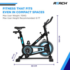 Reach Orion Spin Bike | 6.5 KG Flywheel | 8 Levels of Adjustable Resistance | Max User Weight 110 KG | LCD Monitor | Exercise Bike for Home Workout | 12 Months Warranty Multicolour