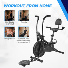 Reach AB-110 BHT Air Bike Exercise Cycle with Moving or Stationary Handle | with Back Support Seat + Side Handle + Twister | Adjustable Resistance with Cushioned Seat | Fitness Cycle for Home Gym