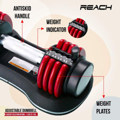 Reach Carbon Adjustable Dumbbells (2.2 kg to 11 kg) Pefect Home Gym Equipment for Fitness and Full Body Workout Easy Weight Adjustment with Pin Lock Technology Space Saver Dumbbell Suitable for Men and Women