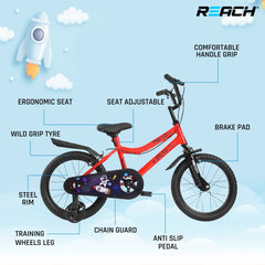 REACH Pluto Kids Cycle 16T with Training Wheels | for Boys and Girls | 90% Assembled | Frame Size: 12" | Ideal for Height: 3 ft 8 inch+ | Ideal for Ages 4-8 Years