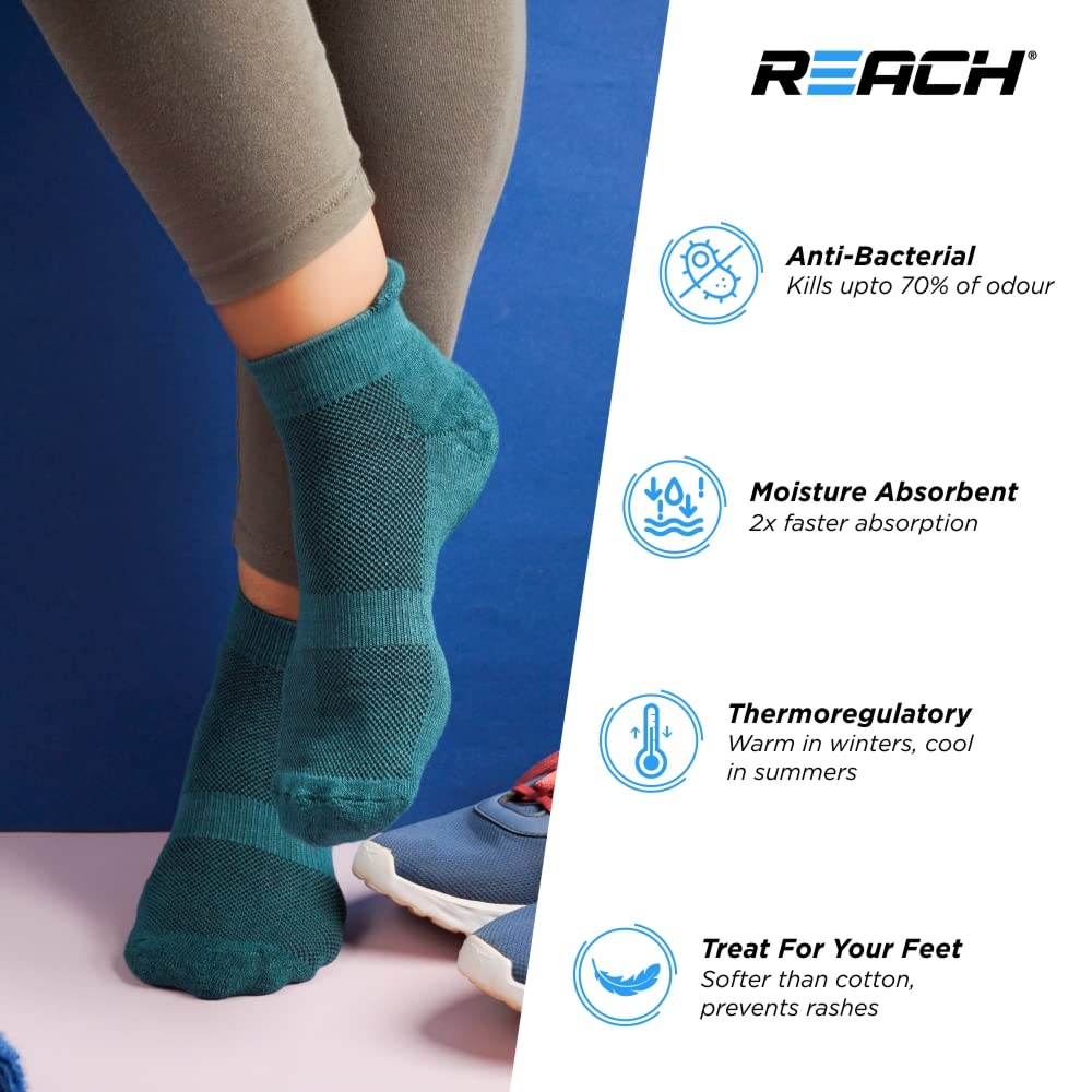 REACH Bamboo Fibre Ankle Length Socks For Men & Women | Breathable Mesh & Odour Free Socks | Sports & Gym Socks | Soft & Comfortable | Pack Of 3 | Sea Green