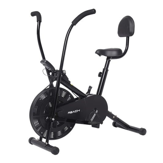 Reach AB 110 BS Upright Air Bike with Back Support & Moving/ Stationary Handle | Mobile Holder at Display & Resistance Knob | Max User Weight 110 Kg | Fitness Equipment for Home/ Gym Cardio Workout