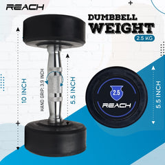 Reach Round Rubber Dumbbells 2.5 Kg Set of 2 for Men & Women | Gym Equipment Set for Home Gym Workout & Exercise | For Strength Training & Fitness Accessories & Tools (Fixed Dumbbells , Black)