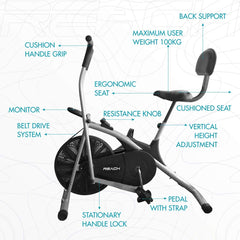 Reach AB-100 Air Bike Exercise Fitness Cycle With Back Support Seat | Perfect Gym Bike with Moving Handle for complete body workout