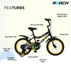 REACH Xplorer Kids Cycle 16T with Training Wheels | for Boys and Girls | 90% Assembled | Frame Size: 12" | Ideal for Height: 3 ft 8 inch+ | Ideal for ages 4-8 years