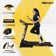 Reach T-301 Folding Treadmill Peak 4 HP | Foldable Home Fitness Equipment with LCD Display for Walking & Running | Cardio Exercise Gym Machine | 4 Incline Levels | 12 Preset or Adjustable Programs | Bluetooth Connectivity | 100 Kgs Max User Weight