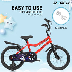 REACH Pluto Kids Cycle 16T with Training Wheels | for Boys and Girls | 90% Assembled | Frame Size: 12" | Ideal for Height: 3 ft 8 inch+ | Ideal for Ages 4-8 Years