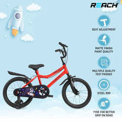 REACH Pluto Kids Cycle 16T with Training Wheels | for Boys and Girls | 90% Assembled | Frame Size: 12" | Ideal for Height: 3 ft 8 inch+ | Ideal for Ages 4-8 Years