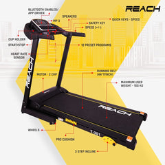 Reach T-301 Folding Treadmill Peak 4 HP | Foldable Home Fitness Equipment with LCD Display for Walking & Running | Cardio Exercise Gym Machine | 4 Incline Levels | 12 Preset or Adjustable Programs | Bluetooth Connectivity | 100 Kgs Max User Weight