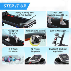 REACH Runner Pro 3HP Peak DC Motorized Foldable Treadmill + Massager & Twister | 15 Level Auto Incline | Max Speed 16 Km/H & User Wt. 130 Kg | Running Machine for Home Gym with LCD Display & Bluetooth