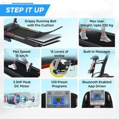 REACH Athlete Pro 3.5 HP Peak DC Motorized Foldable Treadmill for Home Use with Massager | 15 Levels Auto Incline | Max Speed 18 Km/H & User Wt. 150 Kg | Running Machine for Home Gym | LCD & Bluetooth