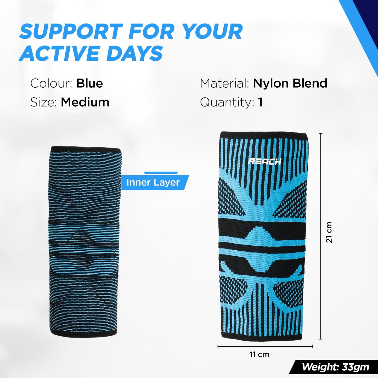 REACH Elbow Support for Gym | Elbow Band for Pain Relief | Nylon Material | Tennis Elbow Band for Men & Women | Elbow Guard Cricket, Badminton & Sports | Compression Technology & No Marks |Blue-Medium