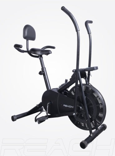 Air bike AB-110 - Black exercise bike for home (moving handles) with back support and side handles attached to seat.