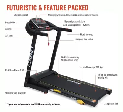 Reach T-301 Folding Treadmill Peak 4 HP | Foldable Home Fitness Equipment with LCD Display for Walking & Running | Cardio Exercise Gym Machine | 4 Incline Levels | 12 Preset or Adjustable Programs | Bluetooth Connectivity | 100 Kgs Max User Weight