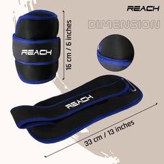 Reach Premium Ankle & Wrist Weight Bands 1 Kg X 2 Blue | Weights For Arms & Legs | Adjustable Gym Weights For Fitness Walking Running Jogging Exercise | Men & Women | 12 Months Warranty