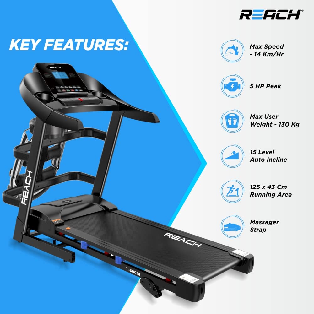 Reach T-600M 5 HP Peak Motorized Treadmill with Massager | Auto Incline | LCD Display | Foldable Machine with Bluetooth for Home Gym | Max Speed of 14 km/hr | Max User Weight 130kg