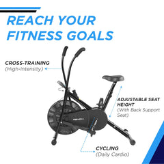 ELEV8 by Reach AB-110 Air Bike Exercise Cycle with Moving or Stationary Handle | Adjustable Resistance with Cushioned Seat | Fitness Cycle for Home Gym