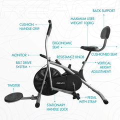 Reach Air Bike AB-100 Fitness Gym Cycle with Back Support Seat & Twister | Moving & Stationary Handle Adjustment Makes it Best Exercise Cycle for Home use