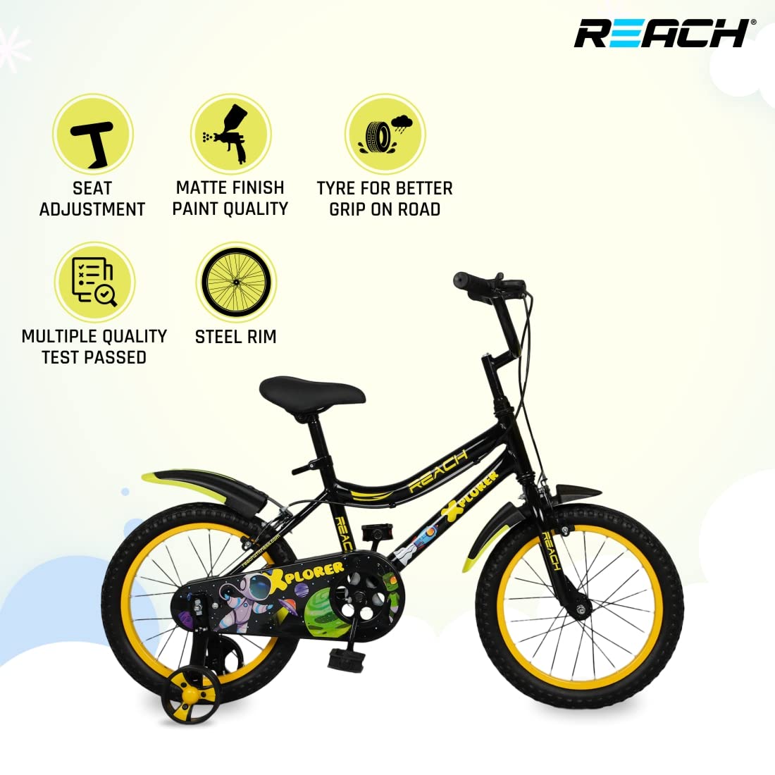 Reach Xplorer Kids Cycle 16T with Training Wheels | for Boys and Girls | 90% Assembled | Frame Size: 12" | Ideal for Height: 3 ft 8 inch+ | Ideal for Ages 4-8 Years