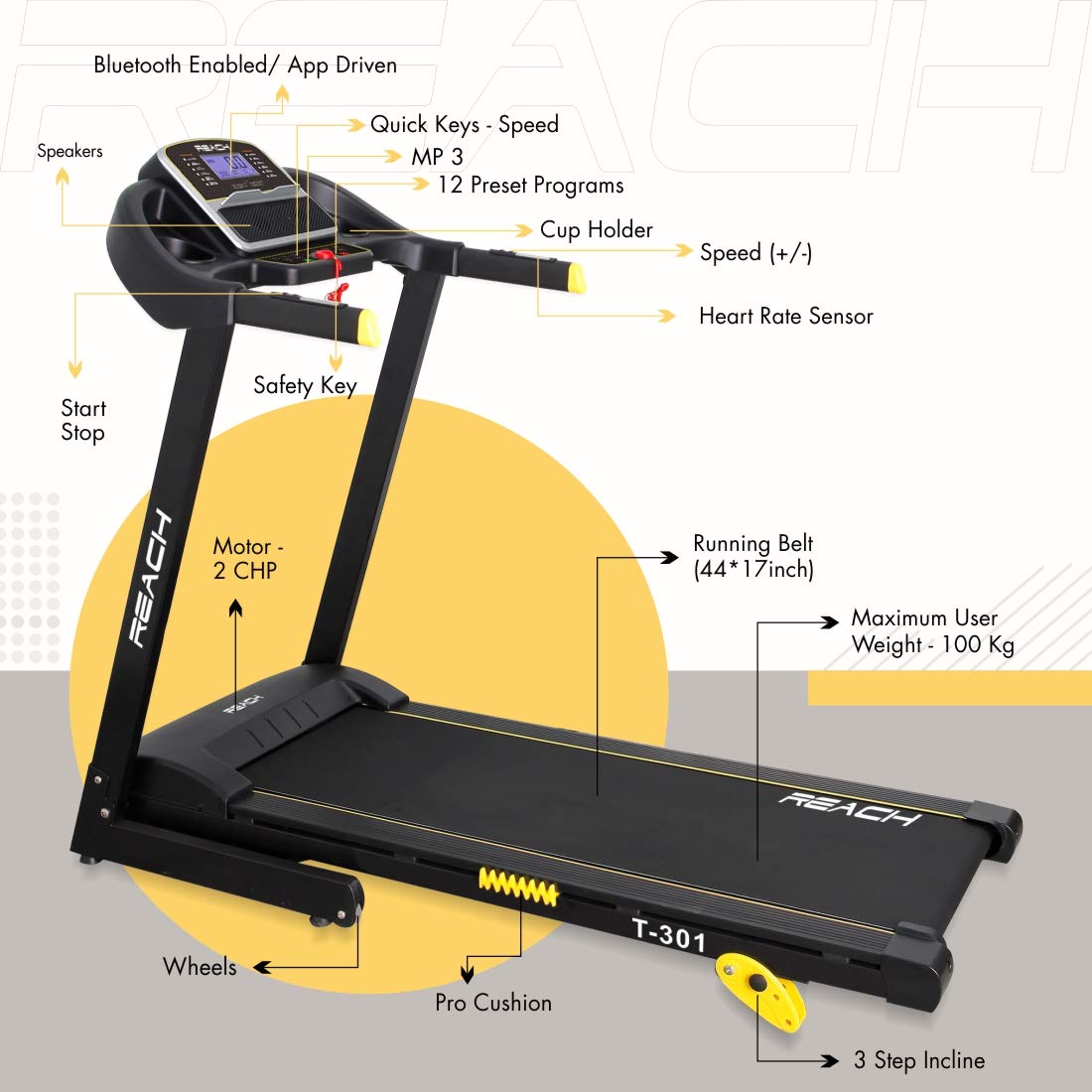 Reach T-301 Folding Treadmill Peak 4 HP | Foldable Home Fitness Equipment with LCD Display for Walking & Running | Cardio Exercise Gym Machine | 4 Incline Levels | 12 Preset or Adjustable Programs | Bluetooth Connectivity | 100 Kgs Max User Weight