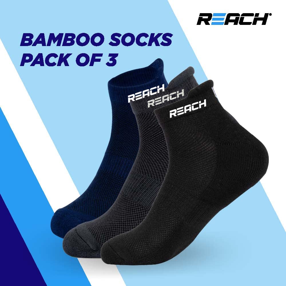 REACH Bamboo Ankle Socks for Men & Women | Breathable Mesh & Odour Free Socks | Sports & Gym Socks | Soft & Comfortable | Pack of 3 | Black, Navy Blue & Dark Grey