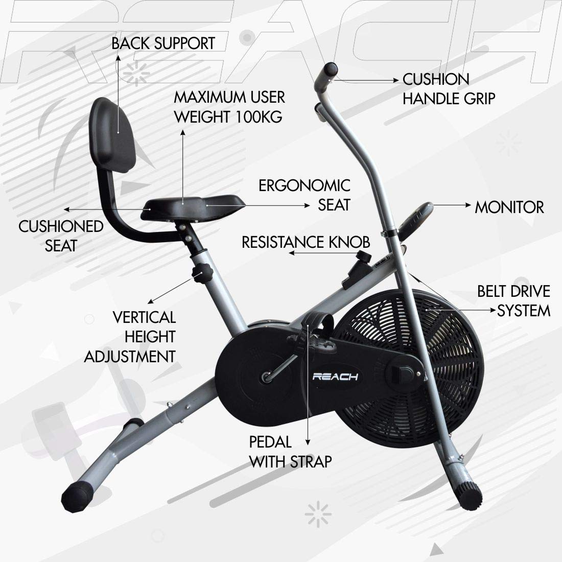 Reach AB-90 Air Bike Exercise Cycle Indoor Gym Equipment | Stationary Upright Exercise Bike for Fitness & Cardio Workouts | Suitable for Weight Loss Exercise with Adjustable Seat & Resistance