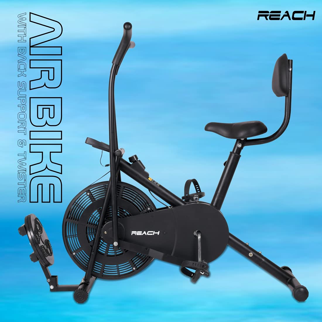 Reach AB-110 Air Bike Exercise Fitness Gym Cycle with Moving or Stationary Handle Adjustments for Home - 3 Options (Normal Seat | Back Support Seat |Twister) (Back Support Seat & Twister)