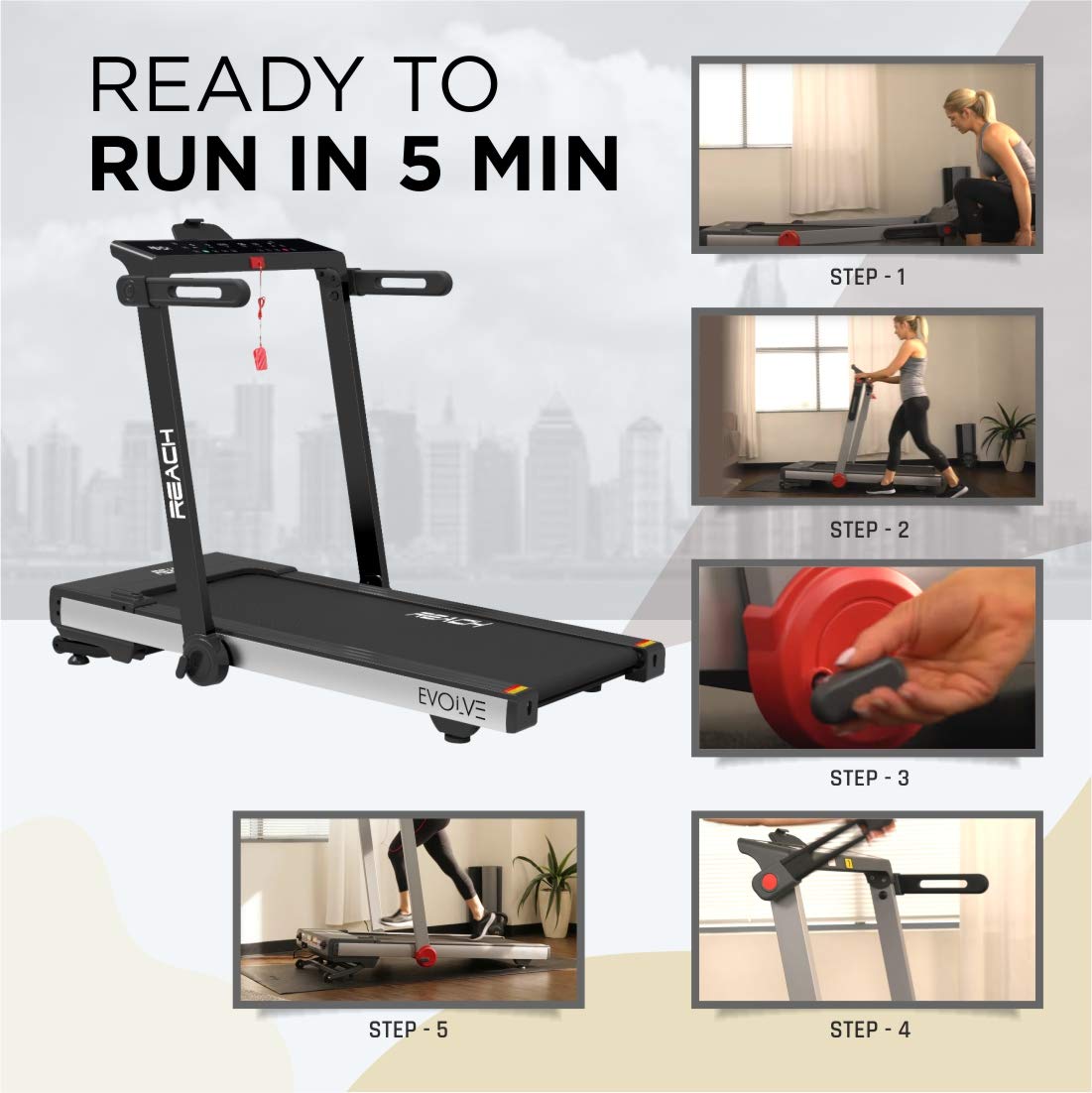 Reach Evolve 6 HP Peak | For Running Walking & Jogging with Auto Incline | 90 Degree Foldable Treadmill for Home Gym | Fitness Machine with LCD Display & Bluetooth | 15 Preset Workouts for Cardio | 16 km/hr Max User Weight 110 kgs