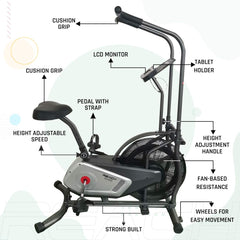 Reach Iconic Air Bike Exercise Cycle for Home Gym | Fan-based Air Resistance for Cardio & Fitness Workout | Indoor Gym Equipment with LCD screen and Cushioned Seat