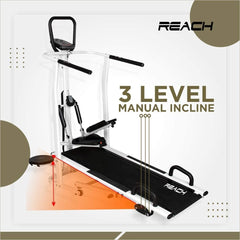 Reach 100 4 in 1 Manual Treadmill for Home Gym | Multi-Functional (Jogger, Twister, Stepper & Push-up bar) Treadmill | 3 Level Manual Incline | for Full Body Workouts | Max User Weight 120kg