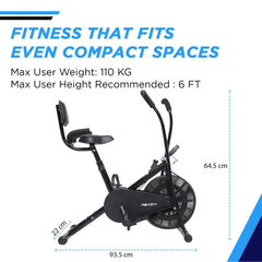 Reach AB-110 BH Air Bike Exercise Cycle with Moving or Stationary Handle | with Back Support Seat & Side Handle for Support | Adjustable Resistance with Cushioned Seat | Fitness Cycle for Home Gym