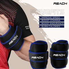 Reach Premium Ankle & Wrist Weight Bands 1 Kg X 2 Blue | Weights For Arms & Legs | Adjustable Gym Weights For Fitness Walking Running Jogging Exercise | Men & Women | 12 Months Warranty