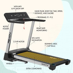 Reach Invicta 6 HP Peak Motorized Treadmill | Max Speed 18 km/hr | Foldable Treadmill with Automatic Incline | Fitness Machine for Home Gym with LCD Display & Bluetooth | Max User Weight 130kg
