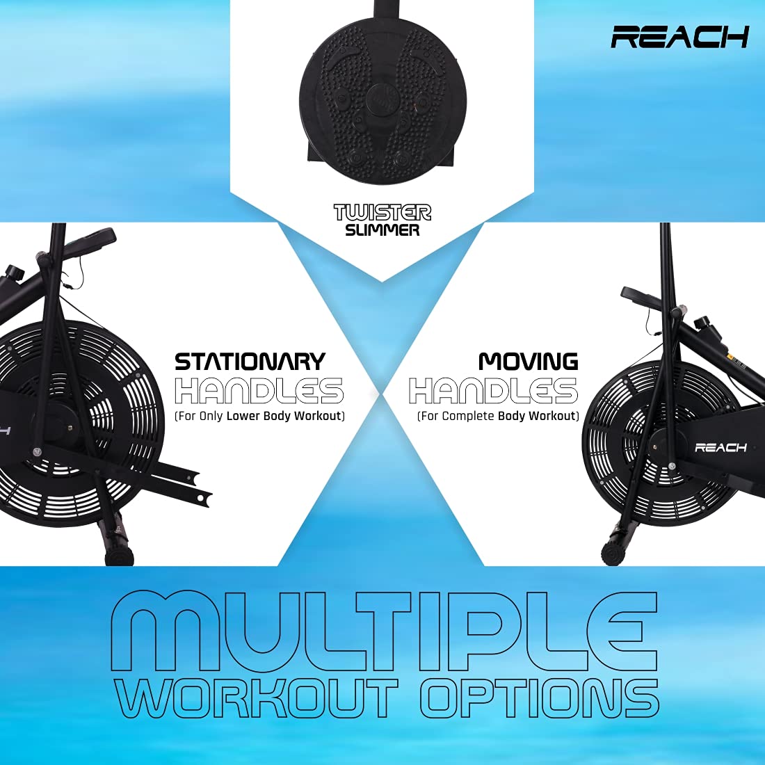 Reach AB-110 Air Bike Exercise Fitness Gym Cycle with Moving or Stationary Handle Adjustments for Home - 3 Options (Normal Seat | Back Support Seat |Twister) (Back Support Seat & Twister)