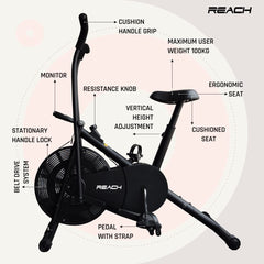 Reach Air Bike AB-110 Exercise Cycle With Moving Handles & Adjustable Cushioned Seat with free soft premium leatherette Travel Duffle Bag worth Rs.3000