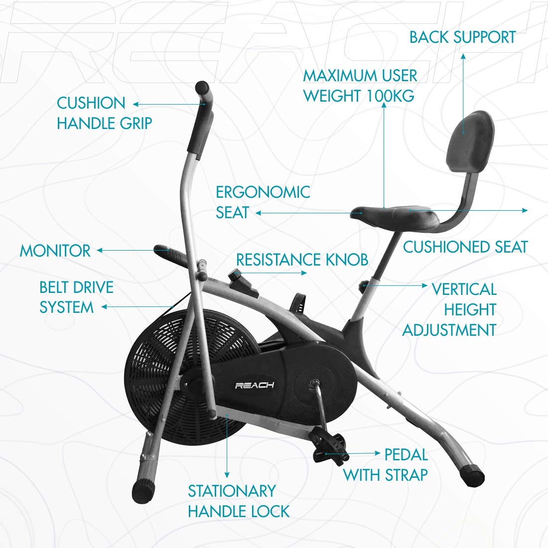 Reach AB-100 Air Bike Exercise Fitness Cycle With Back Support Seat | Perfect Gym Bike with Moving Handle for complete body workout