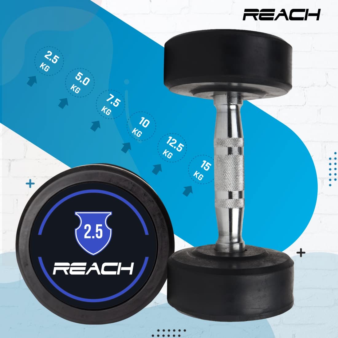 Reach Round Rubber Dumbbells 2.5 Kg Set of 2 for Men & Women | Gym Equipment Set for Home Gym Workout & Exercise | For Strength Training & Fitness Accessories & Tools (Fixed Dumbbells , Black)