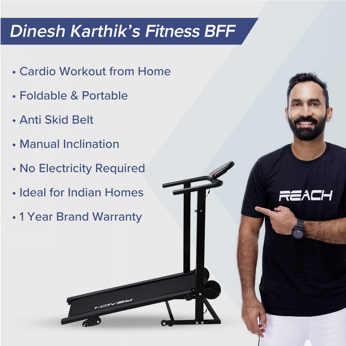 Reach T-90 PT Manual Treadmill for Home Workout with Push-Up Bar & Twister | Foldable Treadmill with Wheels | Walking & Running Machine | Manual Incline | 12 Months Warranty | Max User Weight 100kg